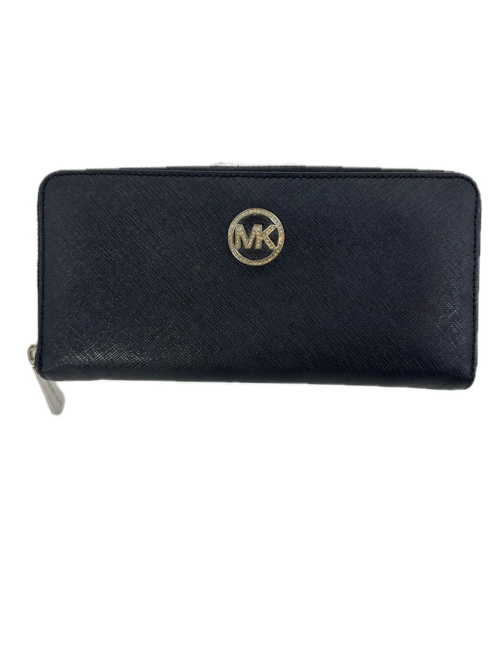 Michael Kors Black Saffiano Leather Jet Set Zip-Around Long Wallet Pave Logo